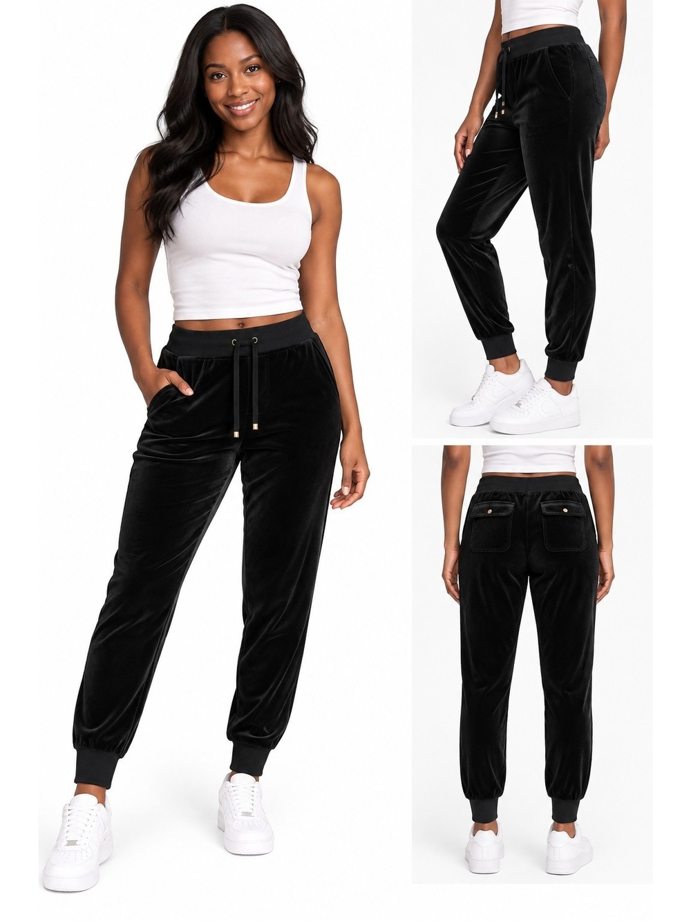 Juicy Couture Black Velour Jogger Pants Gold Snap Back Pockets Y2K Women XL 00s